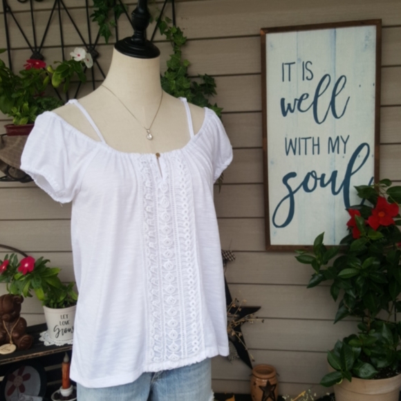 NO BOUNDARIES ♡  NWOT White Adj Straps Lace Front On|Off Shoulders Blouse Top S - Picture 1 of 14